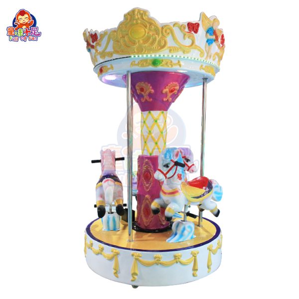 A colorful, coin-operated three-seater carousel ride for kids.