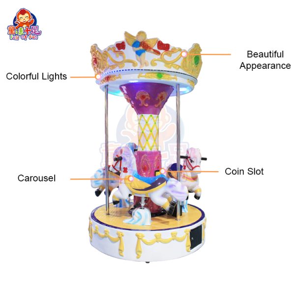 A colorful, coin-operated three-seater carousel ride for kids.