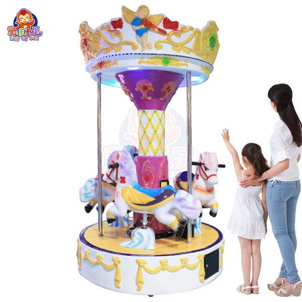 A colorful, coin-operated three-seater carousel ride for kids.