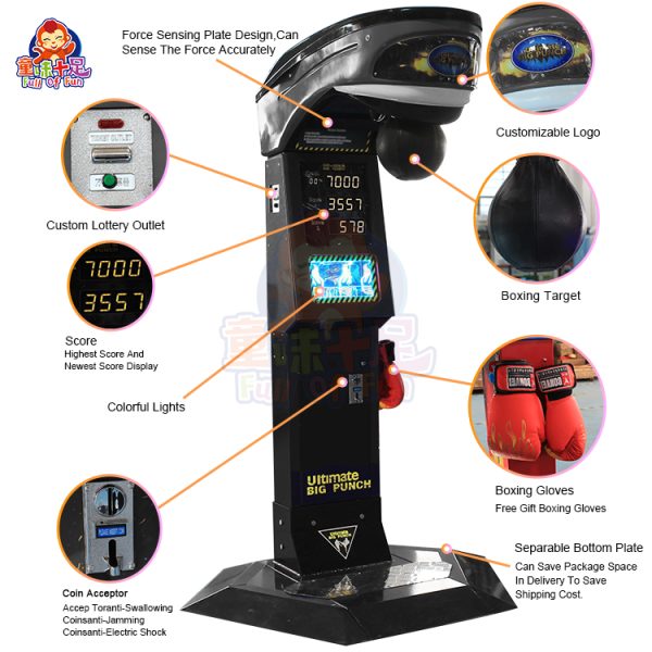 Coin-operated black boxing machine with LED display for arcade centers.