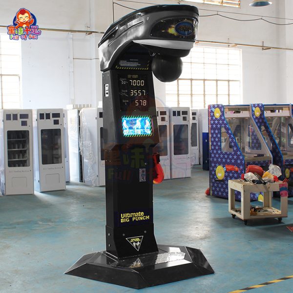 Coin-operated black boxing machine with LED display for arcade centers.