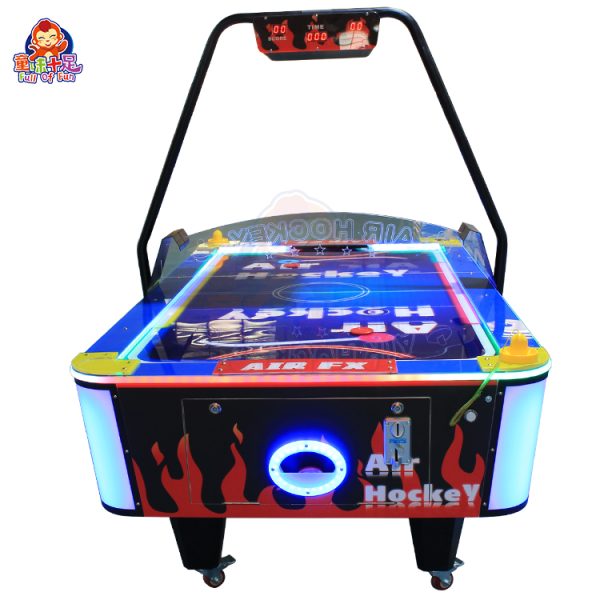 Coin-operated two-player flame air hockey table with LED lighting.