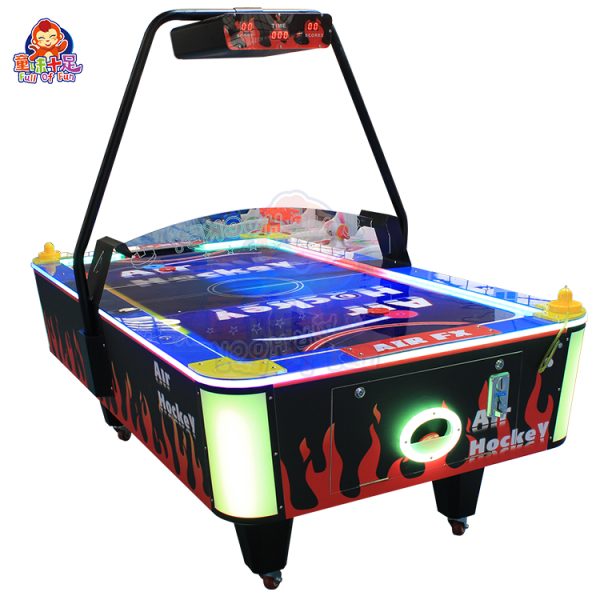 Coin-operated two-player flame air hockey table with LED lighting.