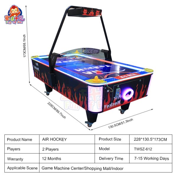 Coin-operated two-player flame air hockey table with LED lighting.