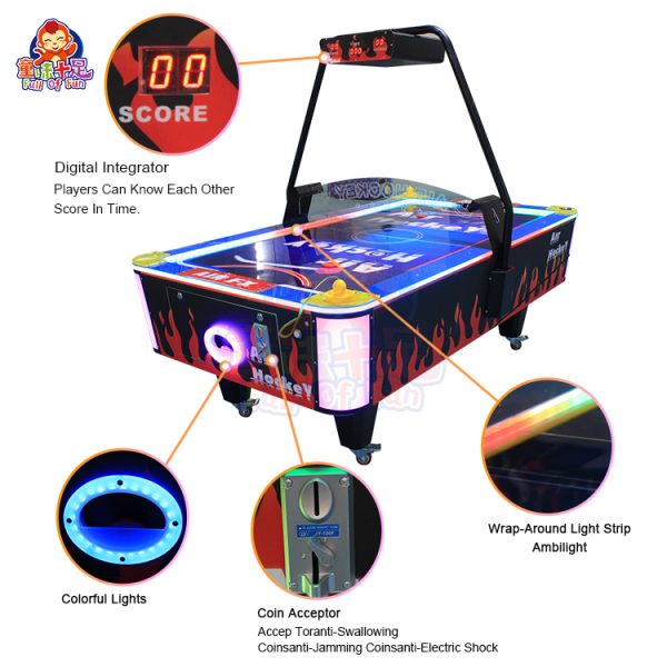 Coin-operated two-player flame air hockey table with LED lighting.