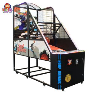 Coin-operated LED basketball machine with lights for arcade use.