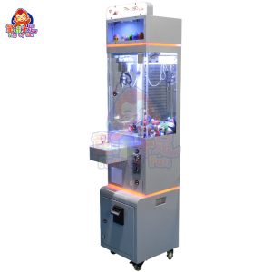 Mini claw machine with coin-operated function, bright LED lights, and compact design.