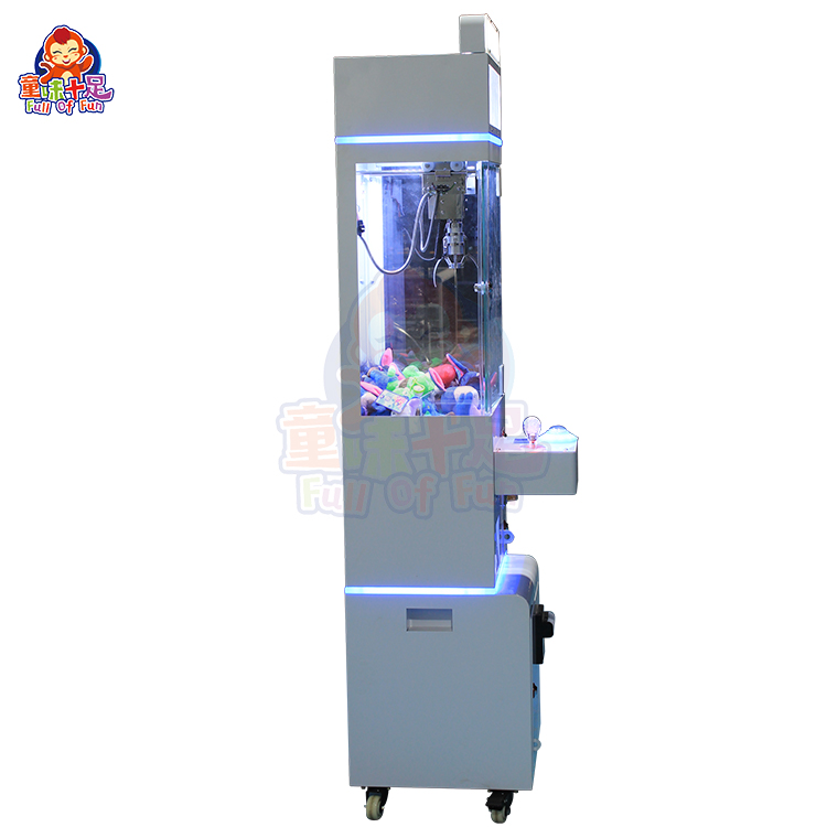 Mini claw machine with coin-operated function, bright LED lights, and compact design.