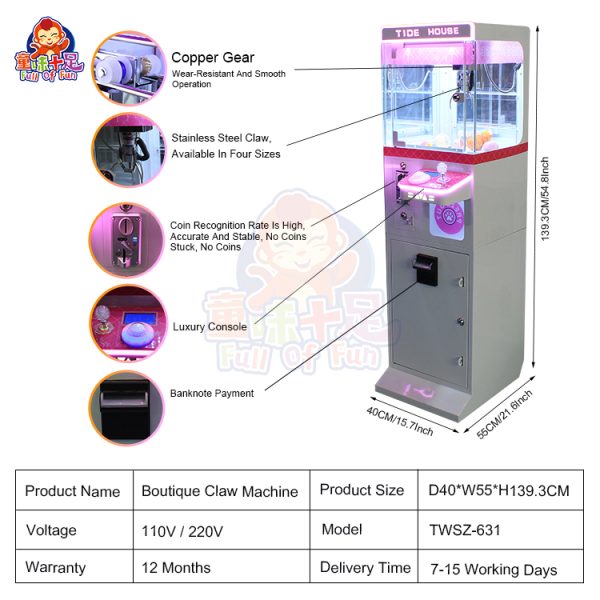 Premium claw machine with coin operation, sturdy build, and adjustable claw strength.