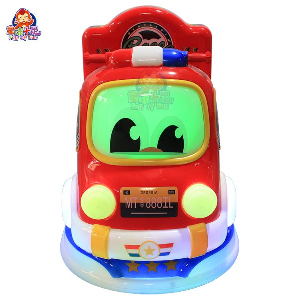 Kiddie ride in the shape of a police car with flashing lights and sound effects, perfect for kids’ entertainment.