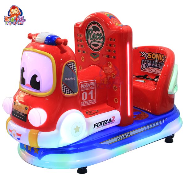 Kiddie ride in the shape of a police car with flashing lights and sound effects, perfect for kids’ entertainment.