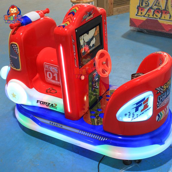 Kiddie ride in the shape of a police car with flashing lights and sound effects, perfect for kids’ entertainment.