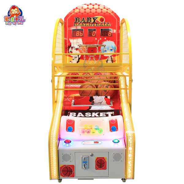 Colorful children's basketball arcade machine with vibrant graphics and sound effects, perfect for kids' entertainment.