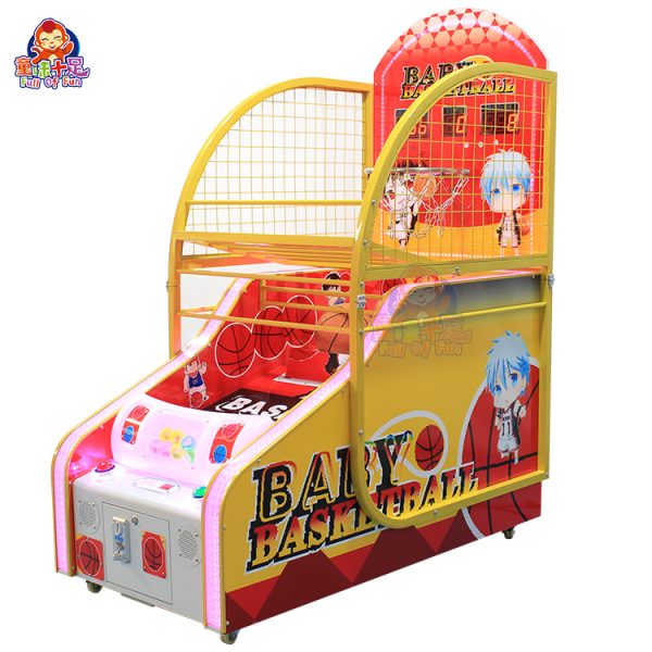 Colorful children's basketball arcade machine with vibrant graphics and sound effects, perfect for kids' entertainment.