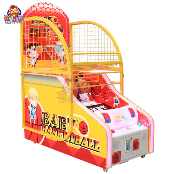 Colorful children's basketball arcade machine with vibrant graphics and sound effects, perfect for kids' entertainment.