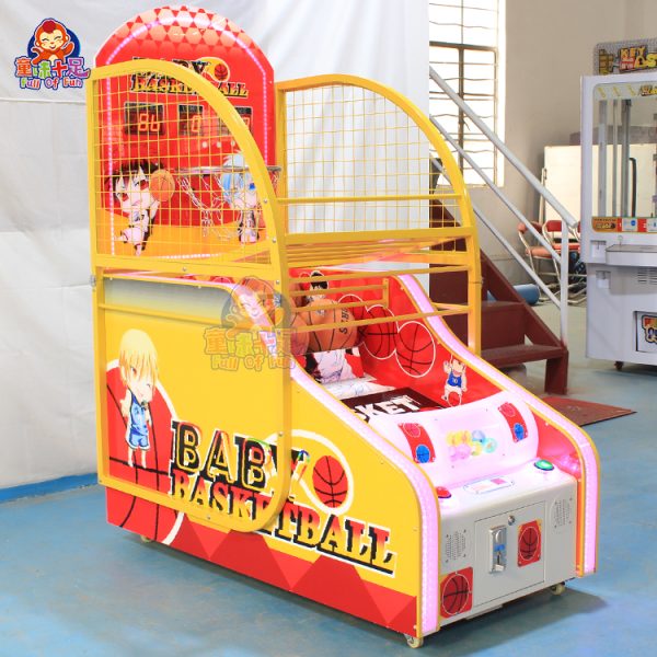 Colorful children's basketball arcade machine with vibrant graphics and sound effects, perfect for kids' entertainment.