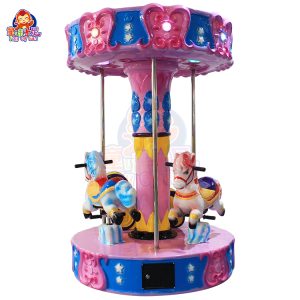 Colorful children’s carousel with three seats, coin-operated, perfect for young riders' enjoyment.