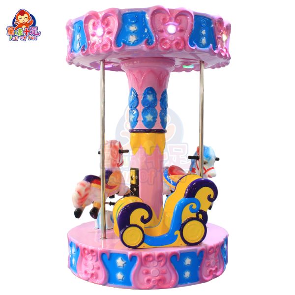 Colorful children’s carousel with three seats, coin-operated, perfect for young riders' enjoyment.