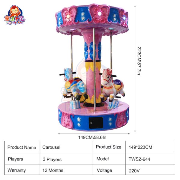 Colorful children’s carousel with three seats, coin-operated, perfect for young riders' enjoyment.