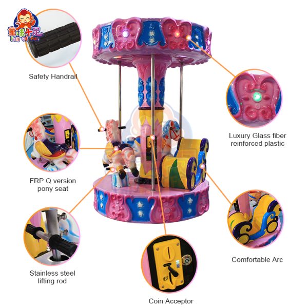 Colorful children’s carousel with three seats, coin-operated, perfect for young riders' enjoyment.