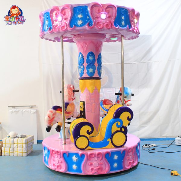 Colorful children’s carousel with three seats, coin-operated, perfect for young riders' enjoyment.