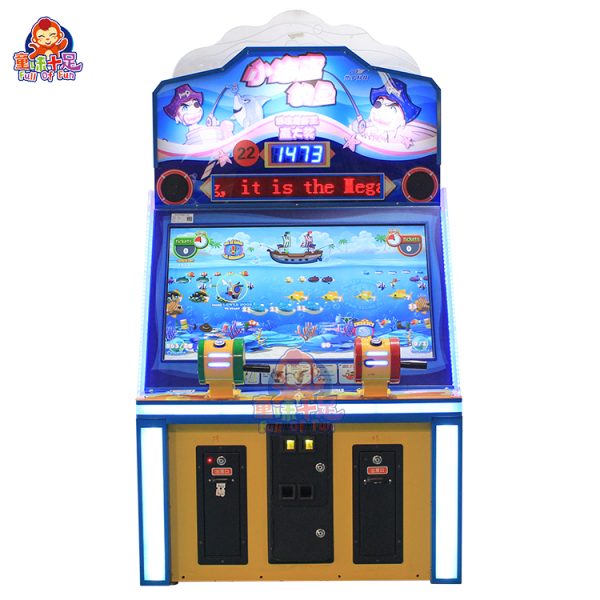 Colorful four-player fishing game machine for children, coin-operated, with engaging lights and graphics.