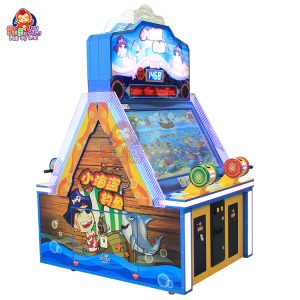 Colorful four-player fishing game machine for children, coin-operated, with engaging lights and graphics.