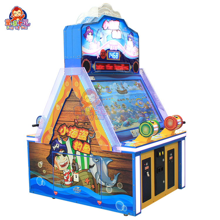 Colorful four-player fishing game machine for children, coin-operated, with engaging lights and graphics.