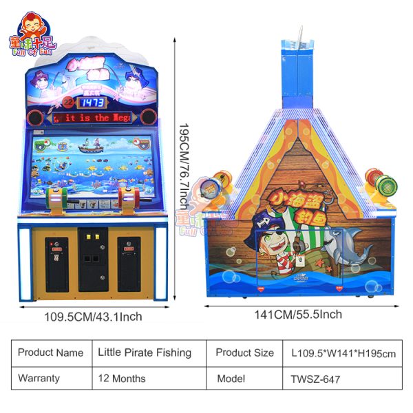 Colorful four-player fishing game machine for children, coin-operated, with engaging lights and graphics.