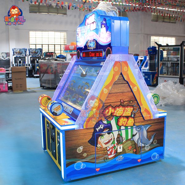 Colorful four-player fishing game machine for children, coin-operated, with engaging lights and graphics.