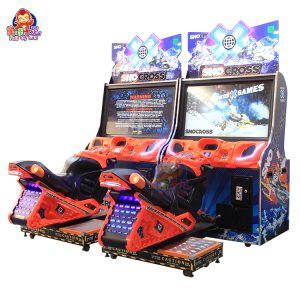 Two-player arcade racing game machine with steering wheels, bright graphics, and immersive sound effects, designed for competitive racing fun.