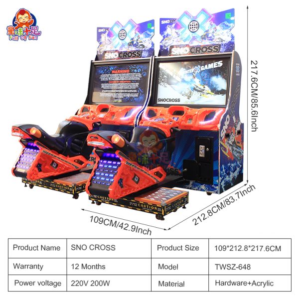 Two-player arcade racing game machine with steering wheels, bright graphics, and immersive sound effects, designed for competitive racing fun.