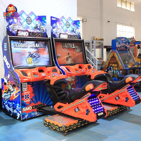 Two-player arcade racing game machine with steering wheels, bright graphics, and immersive sound effects, designed for competitive racing fun.