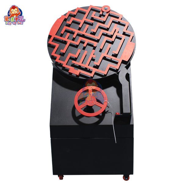 Circular maze game machine where players guide a ball through twists and turns by rotating the disc, creating an engaging challenge.