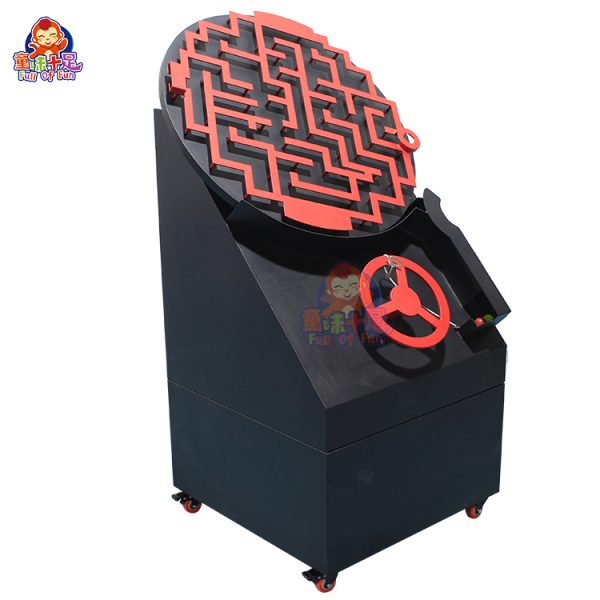 Circular maze game machine where players guide a ball through twists and turns by rotating the disc, creating an engaging challenge.