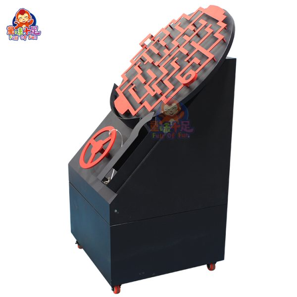 Circular maze game machine where players guide a ball through twists and turns by rotating the disc, creating an engaging challenge.