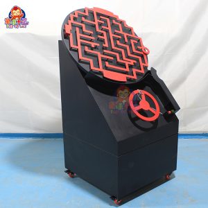 Circular maze game machine where players guide a ball through twists and turns by rotating the disc, creating an engaging challenge.