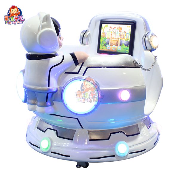 Space-themed rotating kiddie ride with cup seats and colorful lights, offering kids a fun and engaging ride experience.