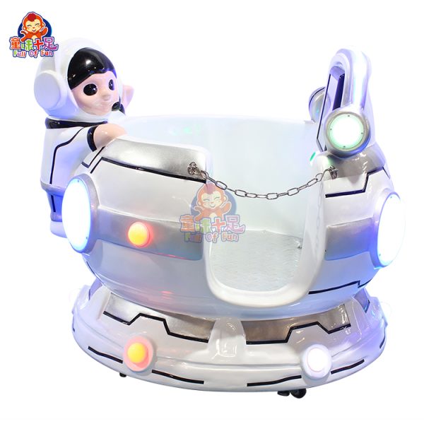 Space-themed rotating kiddie ride with cup seats and colorful lights, offering kids a fun and engaging ride experience.