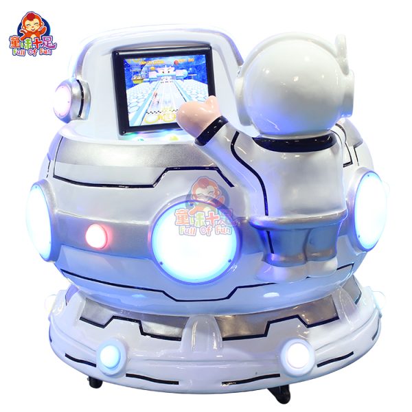 Space-themed rotating kiddie ride with cup seats and colorful lights, offering kids a fun and engaging ride experience.