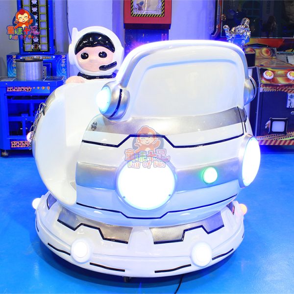 Space-themed rotating kiddie ride with cup seats and colorful lights, offering kids a fun and engaging ride experience.