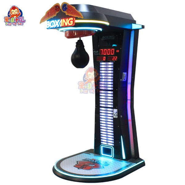 Boxing game machine with punch and kick targets, scoring system, and LED display for arcade gameplay.