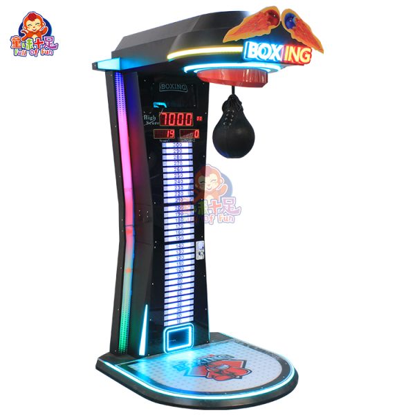 Boxing game machine with punch and kick targets, scoring system, and LED display for arcade gameplay.