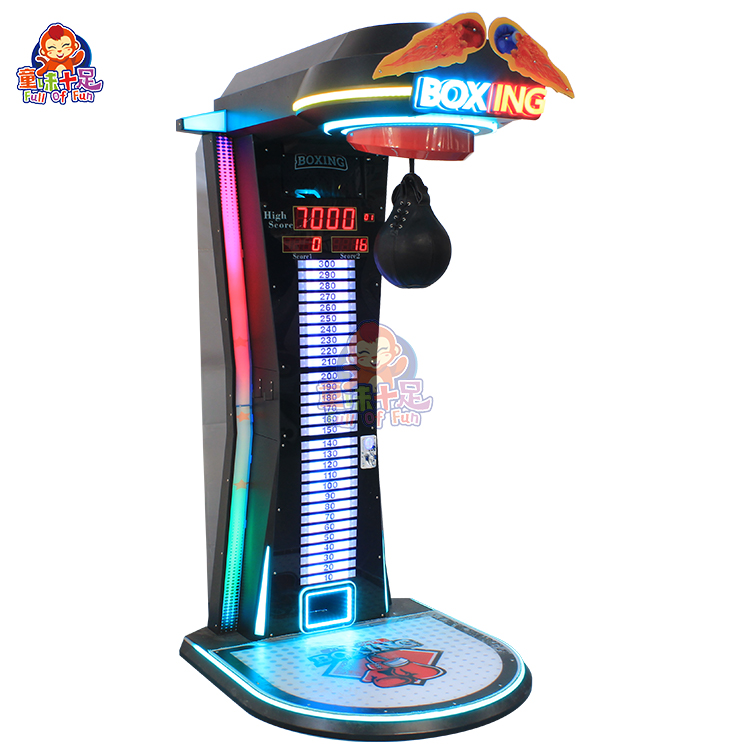 Boxing game machine with punch and kick targets, scoring system, and LED display for arcade gameplay.