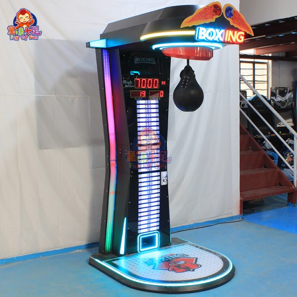 Boxing game machine with punch and kick targets, scoring system, and LED display for arcade gameplay.