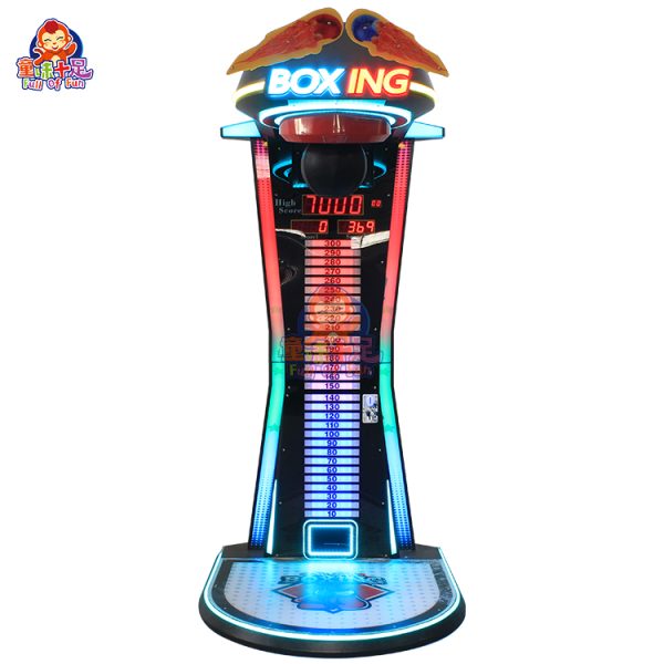 Boxing game machine with punch and kick targets, scoring system, and LED display for arcade gameplay.