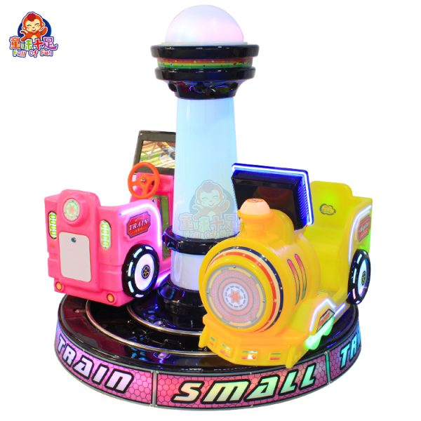 Track-based kiddie ride with two seats in a colorful train, providing safe and exciting entertainment for children.