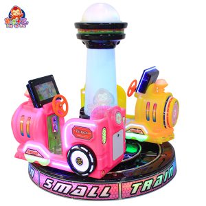 Track-based kiddie ride with two seats in a colorful train, providing safe and exciting entertainment for children.