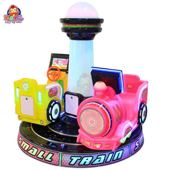 Track-based kiddie ride with two seats in a colorful train, providing safe and exciting entertainment for children.