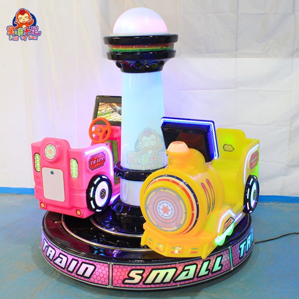 Track-based kiddie ride with two seats in a colorful train, providing safe and exciting entertainment for children.